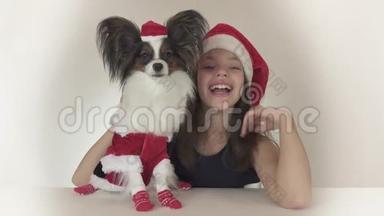 美丽的少女和狗，穿着圣诞老人的服装，穿着圣诞老人的玩具斯帕尼尔·帕皮隆，兴高采烈地四处张望